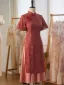Chiński Styl Vintage Czerwone Długość Herbaty Cheongsam 2024 Syrena / Rozkloszowane Wysokiej Szyi Kótkie Rękawy