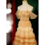 Haut de Gamme Champagne Plissée Robe De Soirée 2023 Princesse Encolure Carrée Manches Courtes Dos Nu Longue Promo Robe De Ceremonie