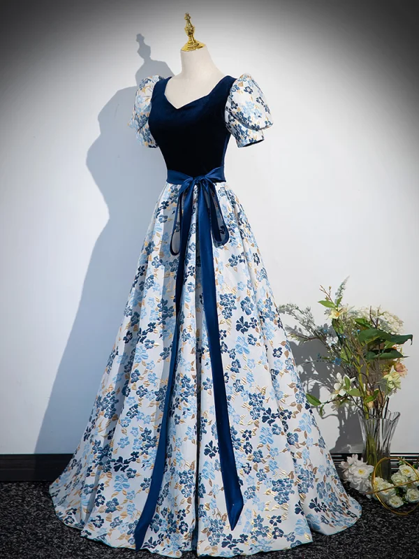 Chic / Beautiful Navy Blue Printing Prom Dresses 2024 A-Line / Princess V-Neck Short Sleeve Bow Sash Backless Floor-Length / Long Prom Formal Dresses