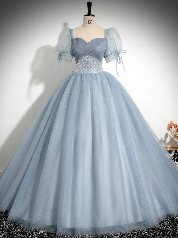 Elegante Himmelblau Pailletten Ballkleider 2024 Ballkleid Eckiger Ausschnitt Geschwollenes Kurze Ärmel Rückenfreies Lange Ball Festliche Kleider