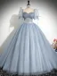 Elegante Himmelblau Pailletten Ballkleider 2024 Ballkleid Eckiger Ausschnitt Geschwollenes Kurze Ärmel Rückenfreies Lange Ball Festliche Kleider