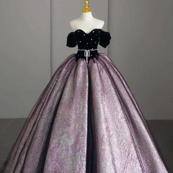 Vintage / Retro Black Rhinestone Sash Satin Prom Dresses 2023 Ball Gown Off-The-Shoulder Short Sleeve Backless Floor-Length / Long Formal Dresses