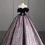 Vintage / Retro Black Rhinestone Sash Satin Prom Dresses 2023 Ball Gown Off-The-Shoulder Short Sleeve Backless Floor-Length / Long Formal Dresses