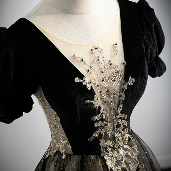 Chic / Belle Noire Perlage Robe De Bal 2022 Princesse Encolure Dégagée Manches Courtes Dos Nu Longue Robe De Ceremonie