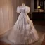 Vintage / Retro White Lace Flower Satin Cascading Ruffles Wedding Dresses 2024 Ball Gown Off-The-Shoulder Short Sleeve Backless Floor-Length / Long Wedding