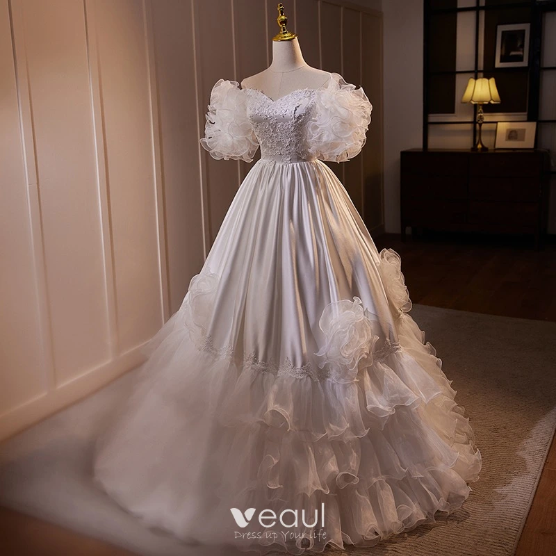 Vintage Retro White Lace Flower Satin Cascading Ruffles Wedding Dresses  2024 Ball Gown Off The Shoulder Short Sleeve Backless Floor Length Long  Wedding