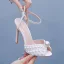 Elegant White Pearl Wedding Shoes 2024 Ankle Strap 11 cm Stiletto Heels Open / Peep Toe Wedding Sandals High Heels