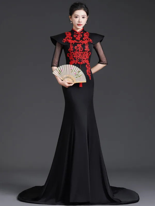 Chinese style Black Lace Flower Cheongsam Evening Dresses 2025 Trumpet / Mermaid High Neck 1/2 Sleeves Sweep Train Evening Party Cheongsam / Qipao
