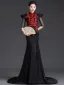 Chinese style Black Lace Flower Cheongsam Evening Dresses 2025 Trumpet / Mermaid High Neck 1/2 Sleeves Sweep Train Evening Party Cheongsam / Qipao