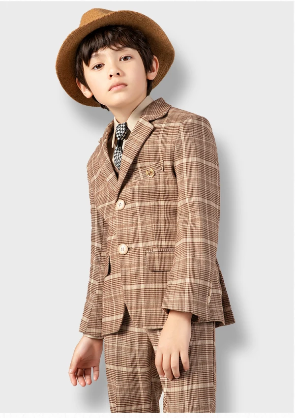 Tan Plaid 5-piece Boys Wedding Suits 2022 Long Sleeve Coat Pants Shirt Tie Vest