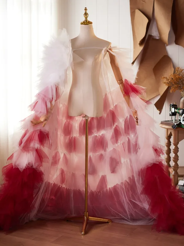 Fashion Red Two Tone Cascading Ruffles Prom Shawls 2026 Tulle