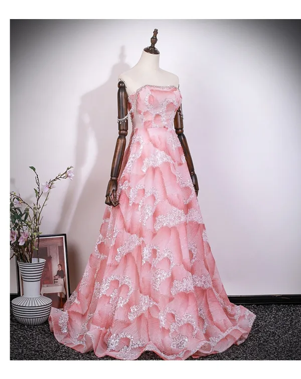 Charmant Rougissant Rose Perlage Paillettes Robe De Bal 2026 Princesse Bustier Sans Manches Dos Nu Longue Robe De Ceremonie