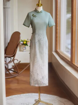 Chiński Styl Szałwia Zielony Gradient Kolorów Cheongsam 2024 Syrena Rozkloszowane Wysokiej Szyi Kótkie Rękawy Długość Herbaty