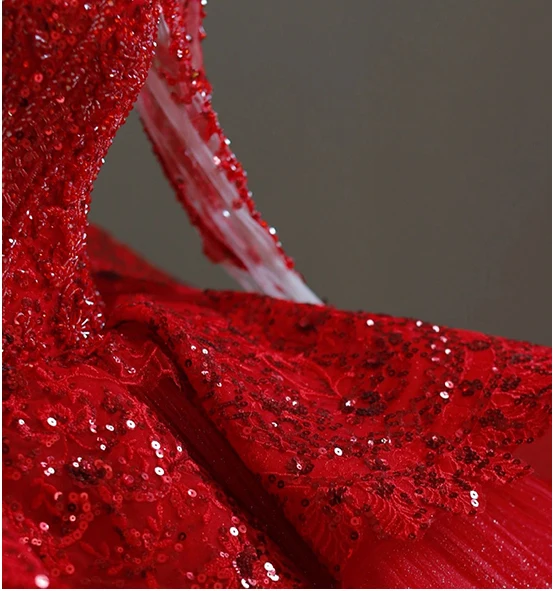 Chinese style Red Beading Sequins Lace Flower Wedding Dresses 2024 Ball Gown Scoop Neck Long Sleeve Chapel Train Wedding