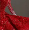 Chinese style Red Beading Sequins Lace Flower Wedding Dresses 2024 Ball Gown Scoop Neck Long Sleeve Chapel Train Wedding