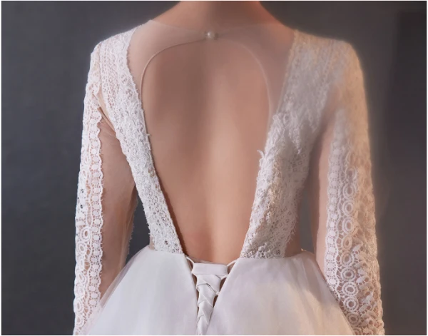 Elegant White Lace Flower Wedding Dresses 2024 A-Line / Princess Deep V-Neck Long Sleeve Backless Floor-Length / Long Wedding