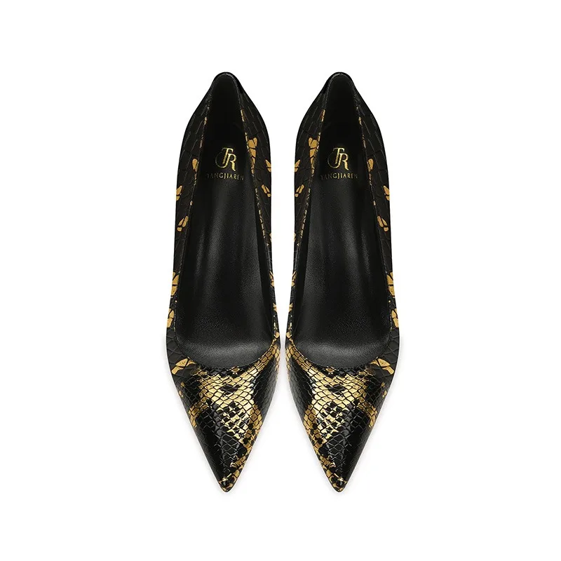 Fashion Black Gold Evening Party Snakeskin Print Pumps 2025 10 Cm Stiletto  Heels Pointed Toe Pumps