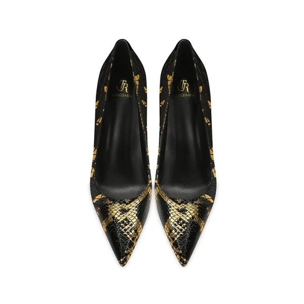 Mode Zwarte Goud Avond Slangenprint Pumps 2025 10 cm Naaldhakken / Stiletto Spitse Neus Pumps Hoge Hakken