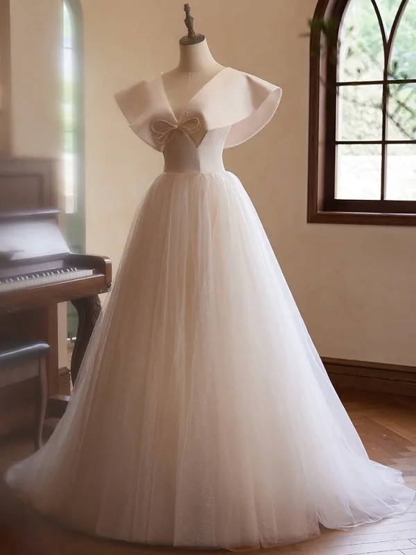 Chic / Beautiful Champagne Prom Dresses 2024 A-Line / Princess V-Neck Bow Sleeveless Backless Floor-Length / Long Prom Formal Dresses