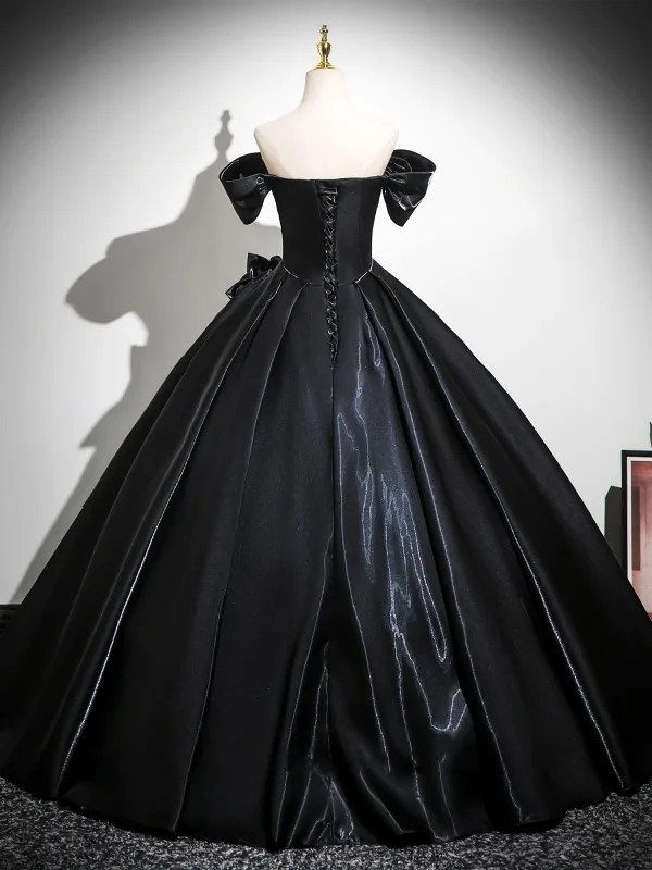 Vintage / Retro Black Flower Satin Prom Dresses 2025 Ball Gown Off-The-Shoulder Short Sleeve Backless Floor-Length / Long Formal Dresses