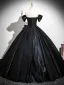 Vintage / Retro Black Flower Satin Prom Dresses 2025 Ball Gown Off-The-Shoulder Short Sleeve Backless Floor-Length / Long Formal Dresses