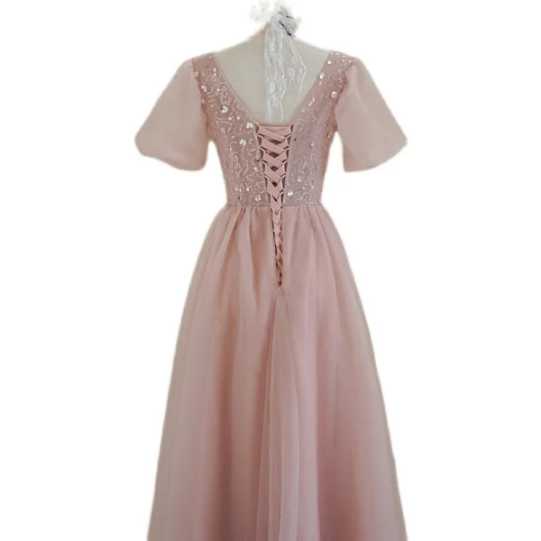 Élégant Rougissant Rose Paillettes Robe De Bal 2022 Princesse V-Cou Manches Courtes Dos Nu Longue Promo Robe De Ceremonie