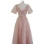 Élégant Rougissant Rose Paillettes Robe De Bal 2022 Princesse V-Cou Manches Courtes Dos Nu Longue Promo Robe De Ceremonie