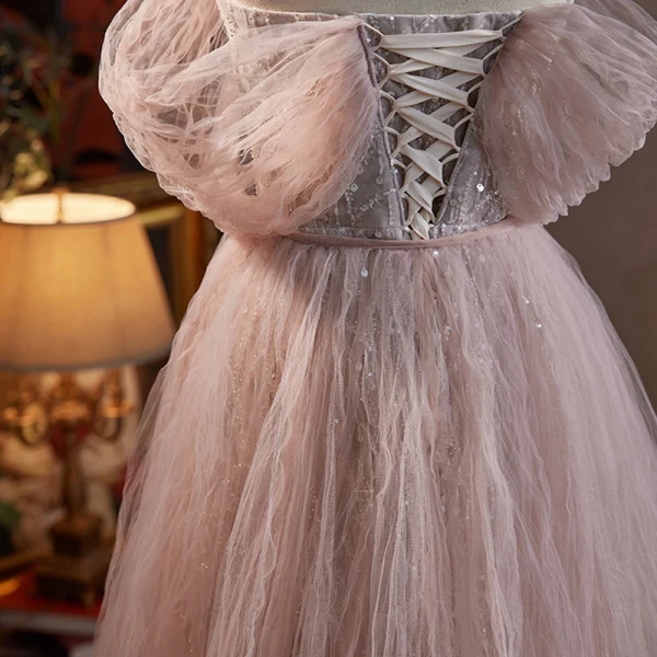 Charmant Dunkel Rosa Perlenstickerei Pailletten Abendkleider Ballkleider 2023 A Linie Off Shoulder Kurze Ärmel Rückenfreies Lange Festliche Kleider