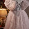 Charming Dusky Pink Beading Sequins Evening Dresses Prom Dresses 2023 A-Line / Princess Off-The-Shoulder Short Sleeve Backless Floor-Length / Long Formal Dresses
