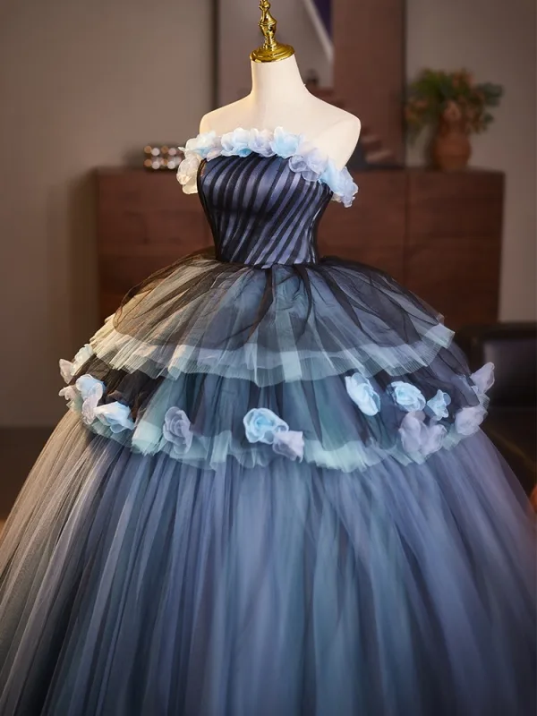 Demure Ocean Blue Quinceañera Appliques Prom Dresses 2025 Ball Gown Strapless Sleeveless Backless Tea-length Prom Formal Dresses