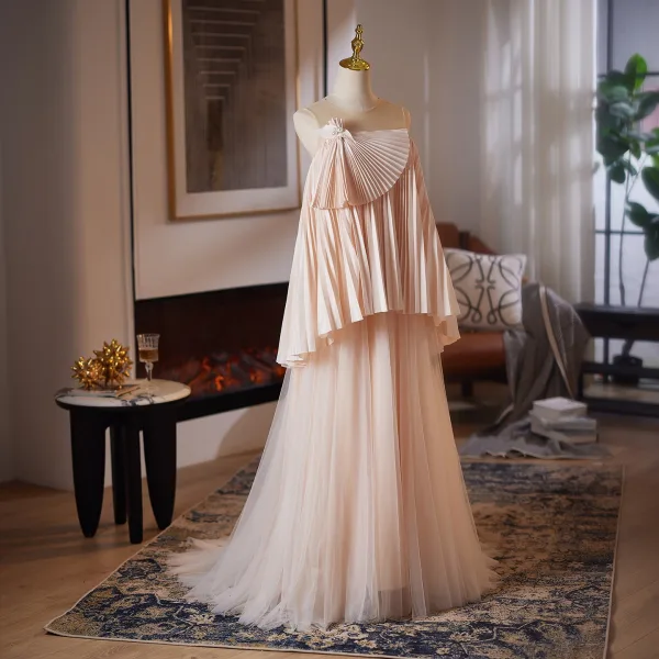 Fashion Blushing Pink Bow Sash Prom Dresses 2025 A-Line / Princess Scoop Neck Sleeveless Backless Sweep Train Formal Dresses