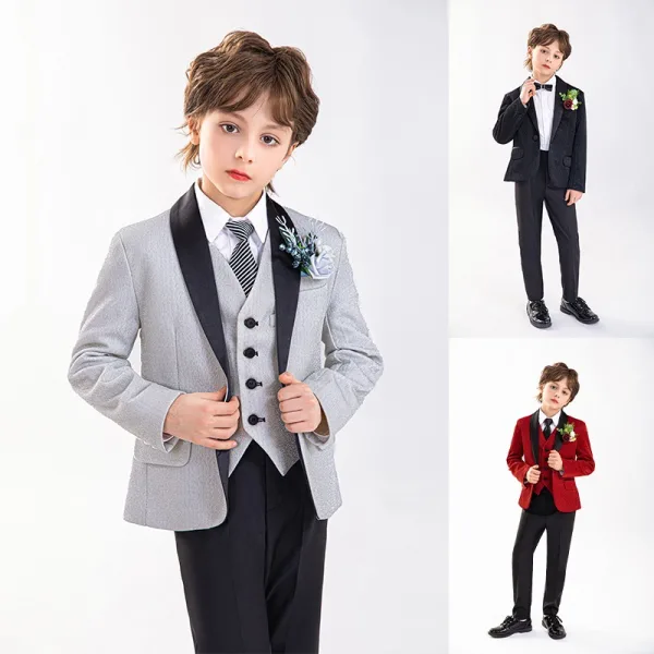 Gris Manches Longues Mariage Costume Garçon Mariage 2025 Bijoux De Corps Manteau Pantalon Chemise Cravate Gilet