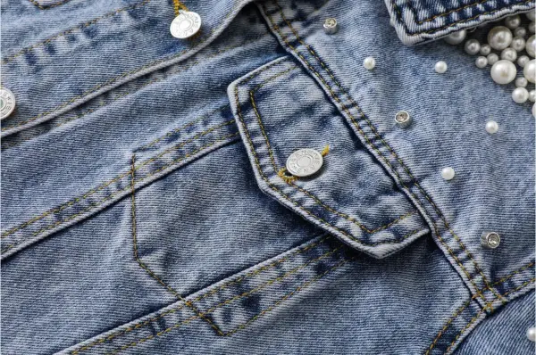 Women Beading Rhinestone Pearl Denim Sky Blue Coats & Jackets Cotton Loose Lapel Street Wear Fall Winter Long Sleeve Tops