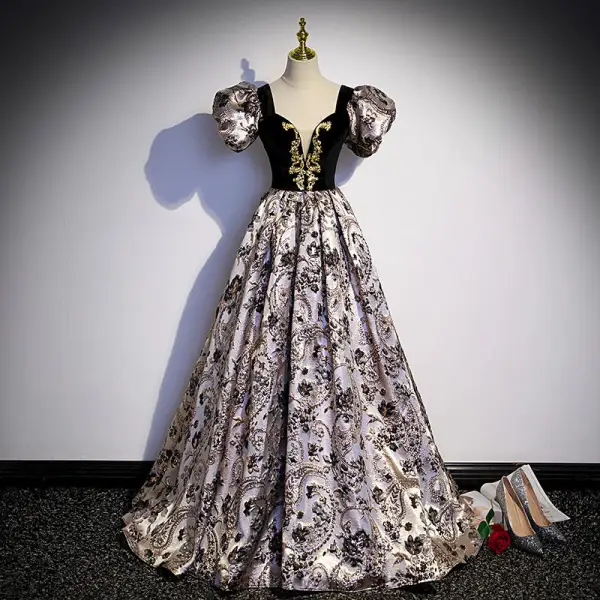 Vintage / Retro Black Printing Prom Dresses 2022 A-Line / Princess Square Neckline Puffy Short Sleeve Backless Floor-Length / Long Prom Formal Dresses