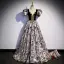 Vintage / Retro Black Printing Prom Dresses 2022 A-Line / Princess Square Neckline Puffy Short Sleeve Backless Floor-Length / Long Prom Formal Dresses
