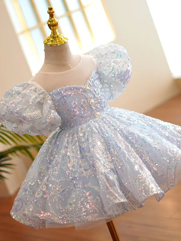 Sparkly Sky Blue Laser Sequins Birthday Short Sleeve Flower Girl Dresses 2022 Ball Gown Scoop Neck Puffy Short Flower Girl Dresses