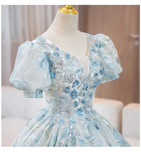 Elegant Sky Blue Printing Sequins Prom Dresses 2024 Ball Gown V-Neck Short Sleeve Backless Floor-Length / Long Prom Formal Dresses