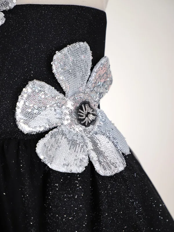 Sparkly Black Beading Sequins Flower Birthday Flower Girl Dresses 2024 A-Line / Princess Scoop Neck Sleeveless Backless Tea-length