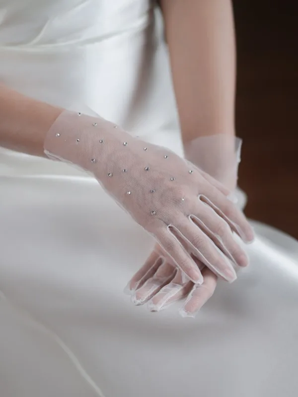 Simple Blanche Fait main Faux Diamant Tulle Mariage Gants Mariage 2025