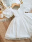 Chic / Beautiful White Short Pearl Wedding Flower Girl Dresses 2023 Ball Gown Square Neckline Short Sleeve Backless Bow Tulle