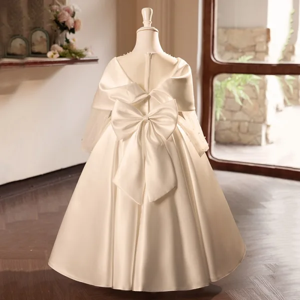 Elegant Ivory Pearl Satin Bow Birthday Flower Girl Dresses 2024 Ball Gown Scoop Neck Long Sleeve Floor-Length / Long Flower Girl Dresses