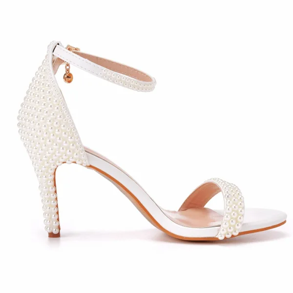 Charmant Weiß Perle Brautschuhe 2022 8 cm Stilettos Knöchelriemen Peeptoes Hochzeit Sandaletten Hochhackige