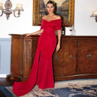 Elegante Rot Abendkleider 2022 Meerjungfrau Schleife Off Shoulder Kurze Ärmel Rückenfreies Lange Abend Festliche Kleider