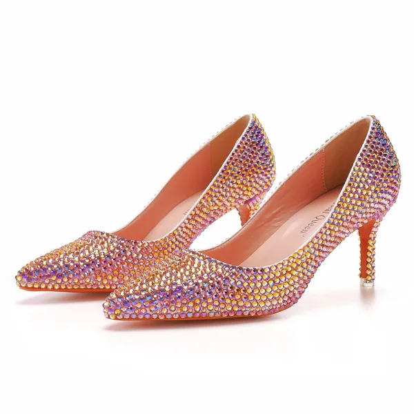 Bling Bling Goud Rhinestone Avond Pumps 2025 7 cm Naaldhakken / Stiletto Spitse Neus Pumps Hoge Hakken
