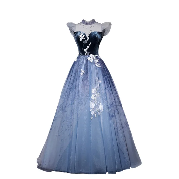 Elegante Himmelblau Wildleder Ballkleider 2022 A Linie Stehkragen Ärmellos Perlenstickerei Spitze Blumen Lange Festliche Kleider