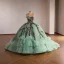 Luxus / Herrlich Salbeigrün Handgefertigt Perlenstickerei Spitze Blumen Ballkleider 2026 Ballkleid Bandeau Ärmellos Rückenfreies Kapelle-Schleppe Festliche Kleider