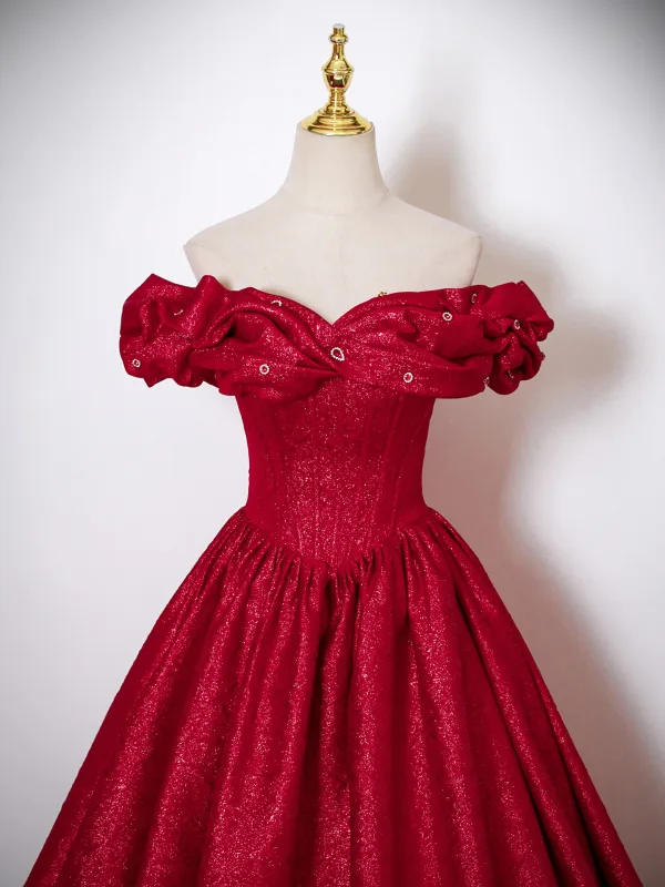 Chic / Beautiful Red Glitter Prom Dresses 2025 A-Line / Princess Off-The-Shoulder Short Sleeve Backless Floor-Length / Long Formal Dresses