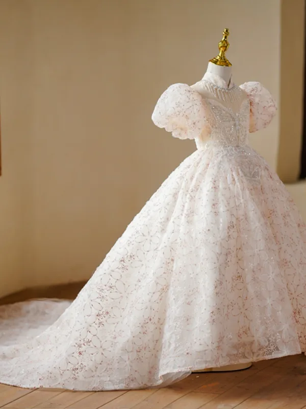 Lovely Champagne Sequins Beading Pearl Butterfly Birthday Flower Girl Dresses 2023 Ball Gown High Neck Puffy Short Sleeve Floor-Length / Long Flower Girl Dresses