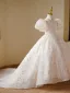 Lovely Champagne Sequins Beading Pearl Butterfly Birthday Flower Girl Dresses 2023 Ball Gown High Neck Puffy Short Sleeve Floor-Length / Long Flower Girl Dresses