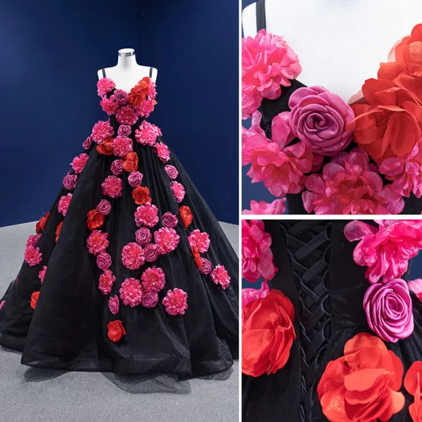 Fantaisie Appliques Noire Robe De Bal 2022 Robe Boule Bretelles Spaghetti Sans Manches Dos Nu Train De Balayage Robe De Ceremonie